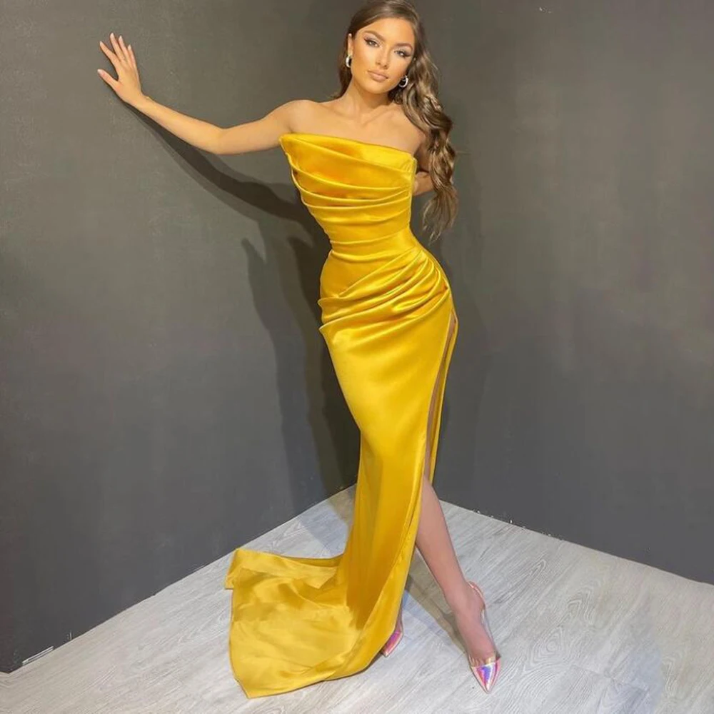 

Long Elegant Gold Evening Dresses for Women Satin Sleeveless Pleated Floor-Length Mermaid Formal Party Gala Special Events 2023