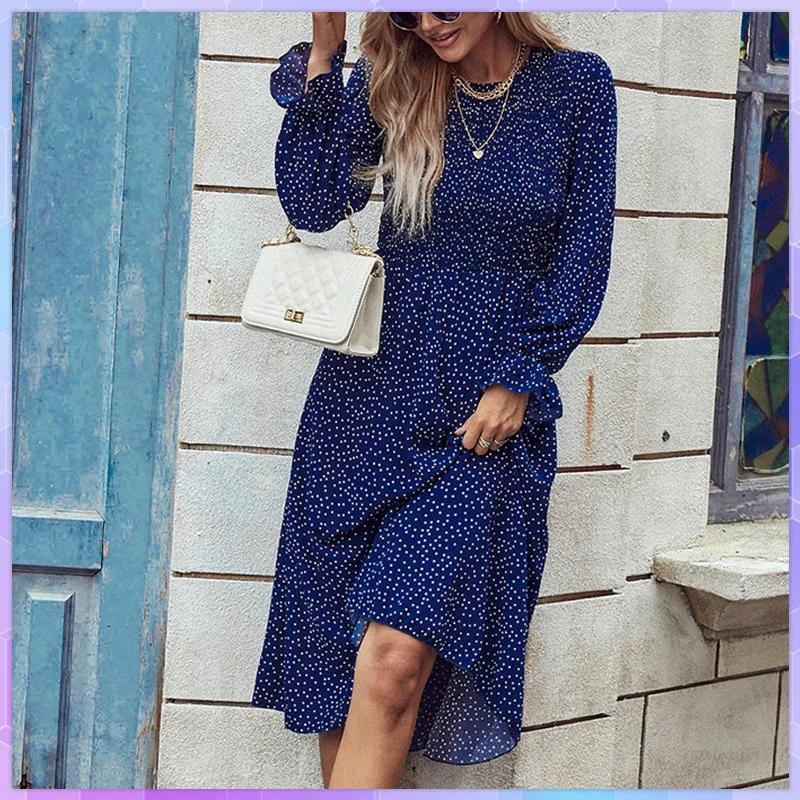 Women's Navy Blue High Waist Mediumn Long Dress For Ladies Casual Long Sleeve All Match Polka Dot Dresses Vestidos Sping Fall