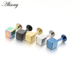 Alisouy 1pc Black Blue Gold Color Stainless Steel Square Cube Labret Lip Rings Nails Ear Stud Earrings Body Piercing Jewelry