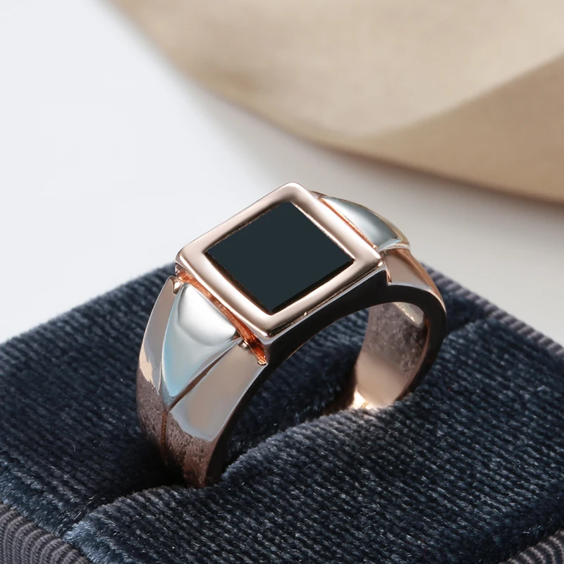 Kinel Hot Fashion Black Stone Men Ring 585 Rose Gold Simple Square Ring For Women High Quality Daily Fine Jewelry