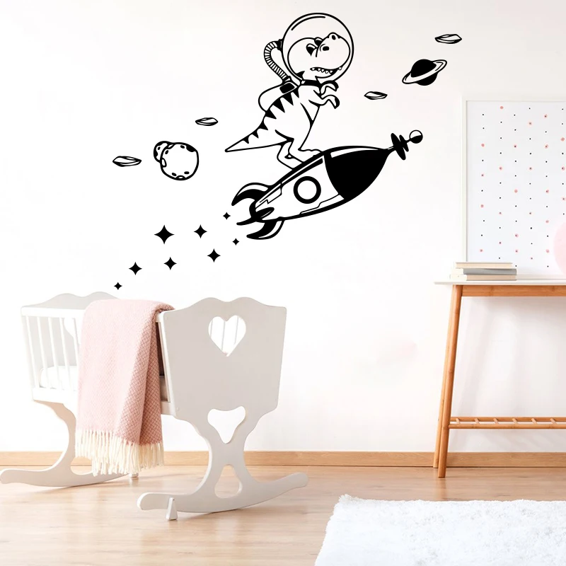 Large Dinosaur Astronomy  Outer Space Rocket Star Wall Sticker Boy Room Kids Room Cartoon Dino Animal Wall Decal Bedroom Vinyl