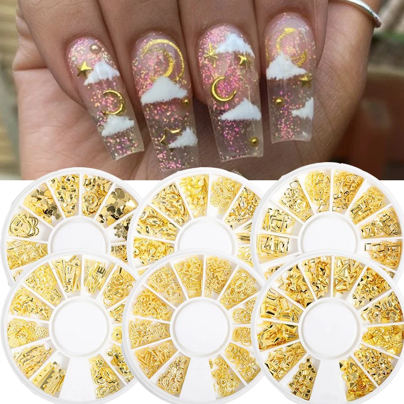 3D Gold Nail Rivet Studs Nail Art Metal Mixed Moon Star Heart Shell Round Square Geometric Nail Decoration Jewelry Accessories