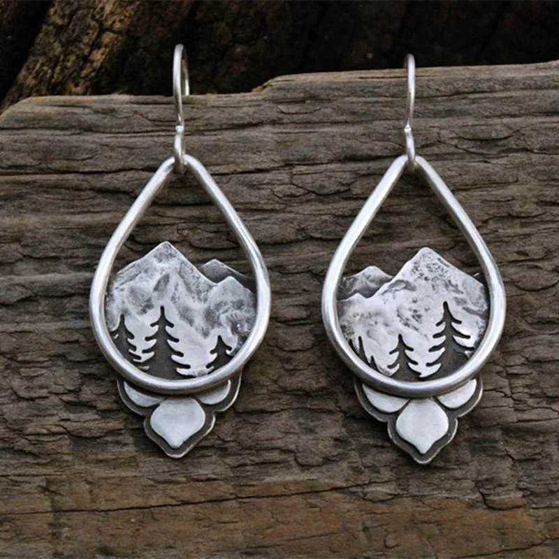 Pendientes de gota de agua Vintage para mujer, aretes colgantes de pino de montaña de Color plateado, joyería de estilo étnico, bosque alpino