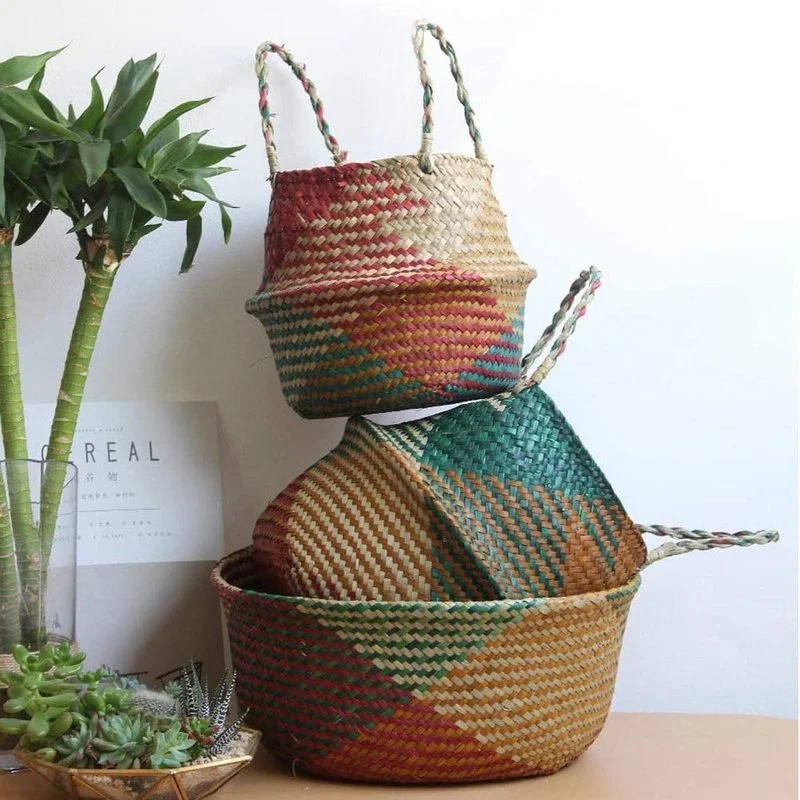 

3PCS Woven Seagrass Baskets with Handles Foldable Plant Pot Storage Baskets Sundires Picnic Grocery Toys Storage Container