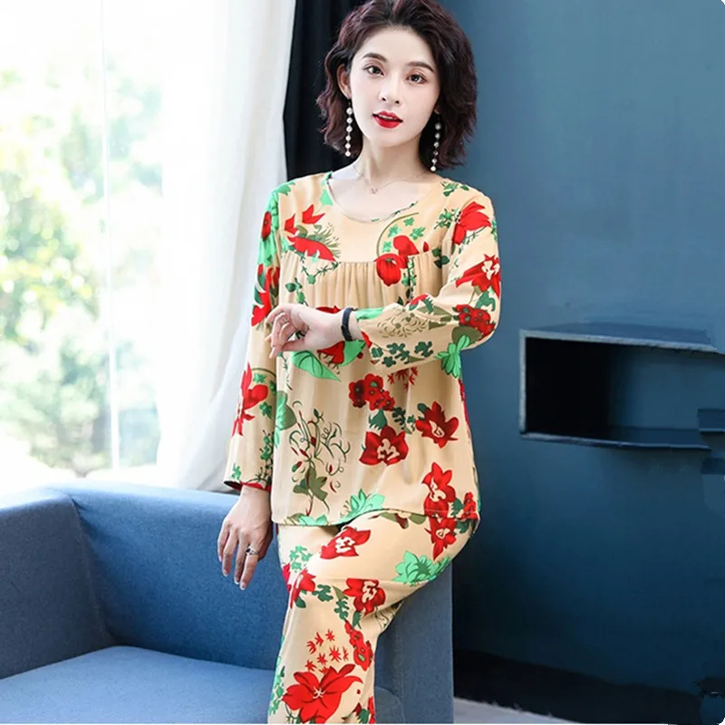 UHYTGF Summer 2 piece set pijamas women fashion printed pullover soft cotton silk pajamas home clothes for women big size 1434