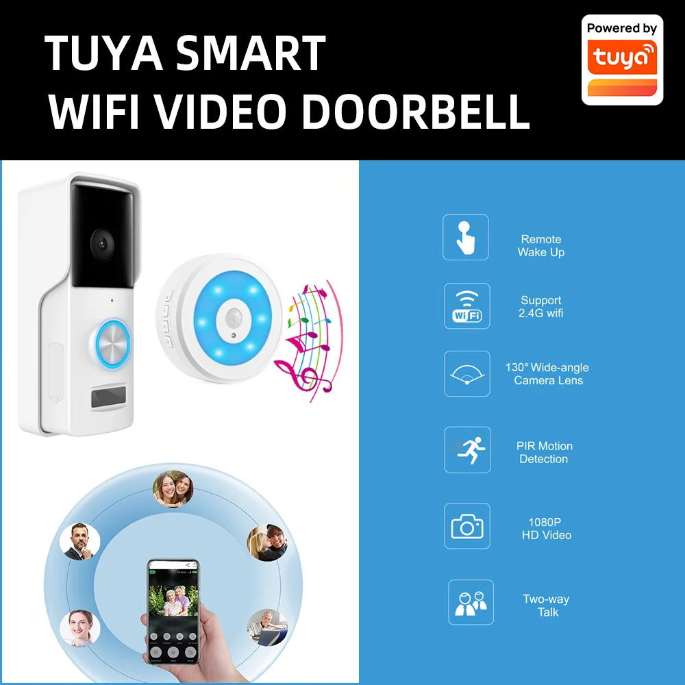 Tuya Smart Video Doorbell Wifi HD 1080P Camera Wireless Doorbell Call Intercom Video-Eye for Door Bell Ring Phone Home Security