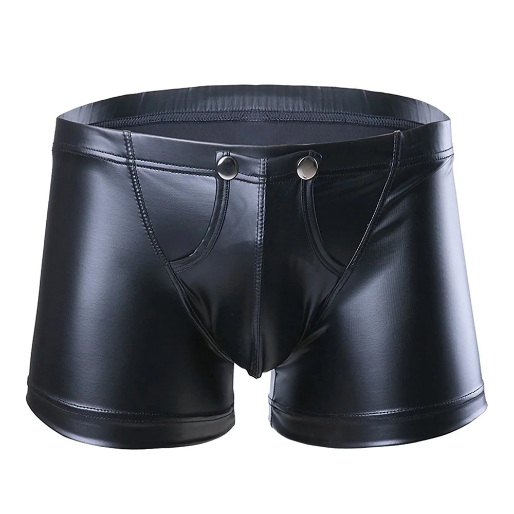 Boxers Men Leather Sexy Gays Underwear Open Front Casual Slip Male Shorts Solid Color Fashion Panties Button Black Underpants