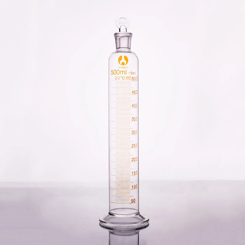 Cilindro de medição de vidro de borosilicato, com graduações e rolha de vidro embutido, capacidade de 500ml, cilindro de laboratório