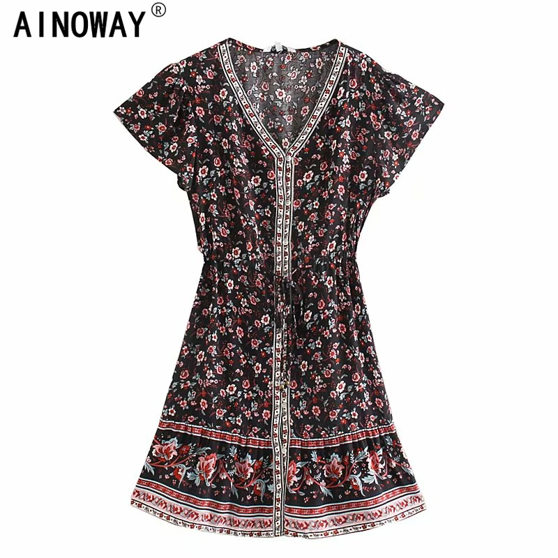 Boho  women hippie floral print deep V-neck  Bohemian mini dress Summer ladies short sleeve rayon dresses vestidos