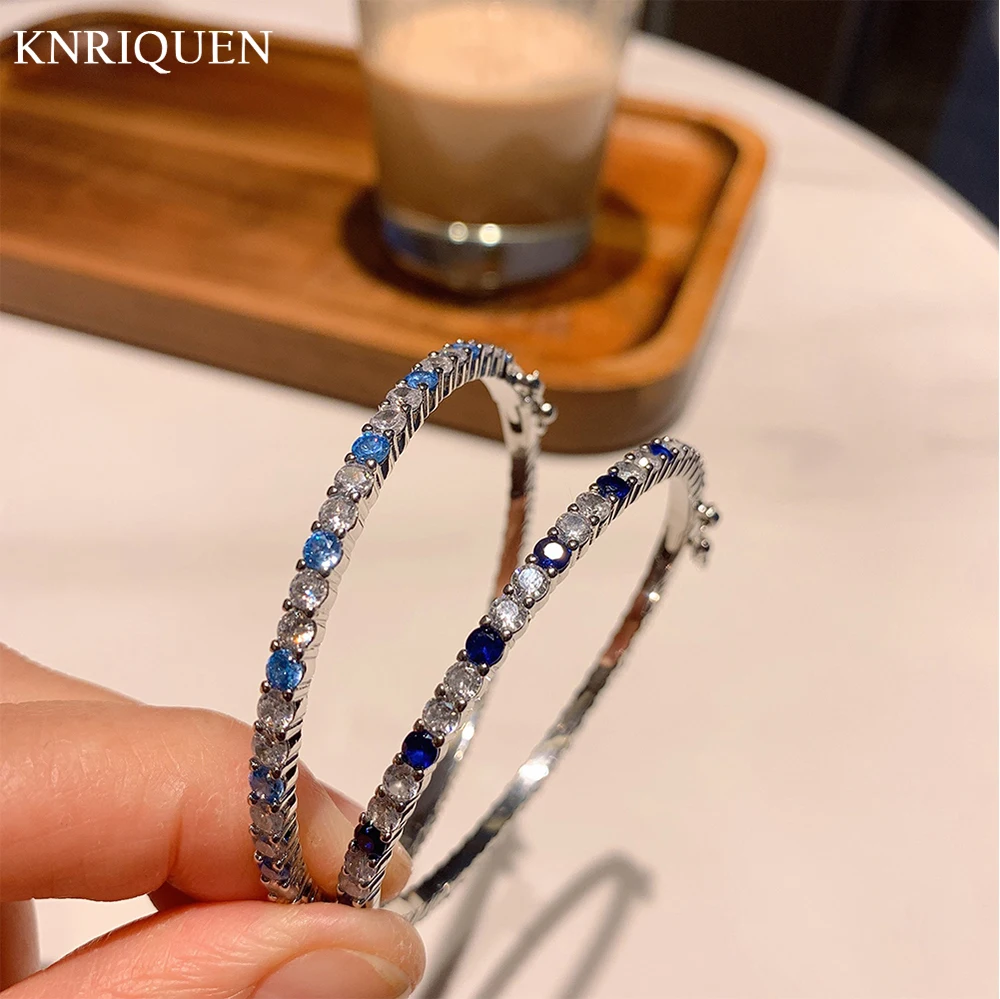 2021 Trend Wedding Bangles for Women Luxury Aquamarine Sapphire High Carbon Diamond Bracelets Fine Jewelry Accessories 16-17cm