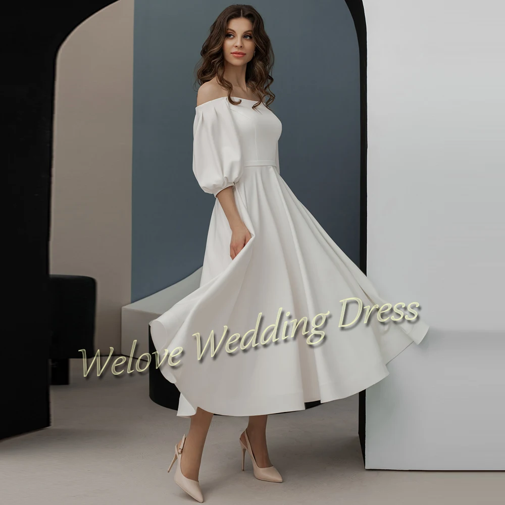 Elegant White Short Wedding Dress Boat Neck Lantern Sleeve Simple Bridal Gowns A Line Jersey Robe De Mariée 2021 New Arrival