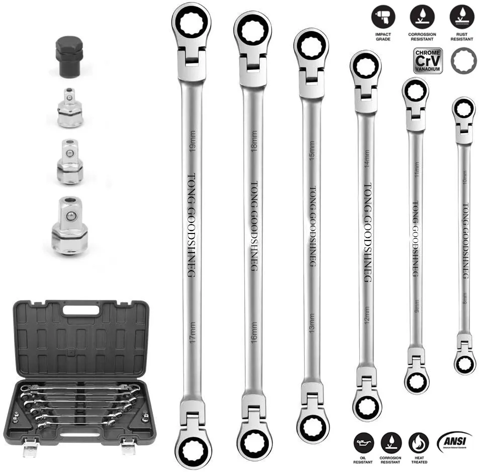 

72-Tooth Flex-Head Double Box End Universal Ratcheting Wrenches,Chrome Vanadium Steel Extra Long Design 6PCS Set Metric 8mm-19mm