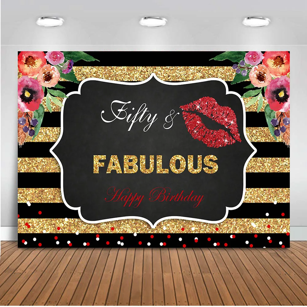 

Fifty Fabulous Party Backdrop for Photography Black and Gold Stripe Background for Photo Booth Studio Flower Birthday Theme Prop