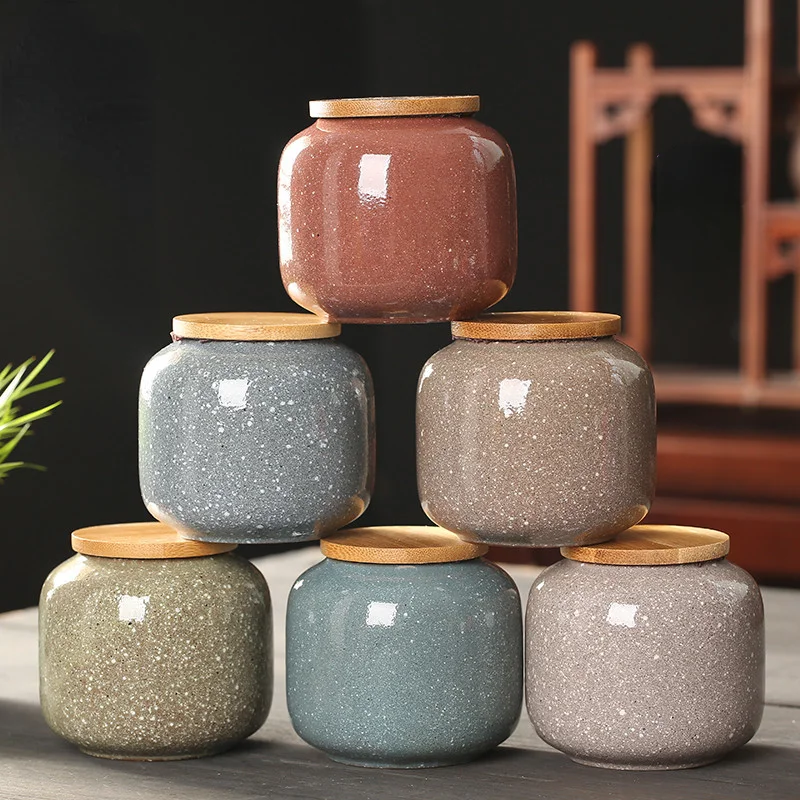 Ceramic Mini Jar with Wooden Lid Sealed Storage Box Portable Travel Tea Cans Kitchen Food Storage Containers Cans Bottle Boxes