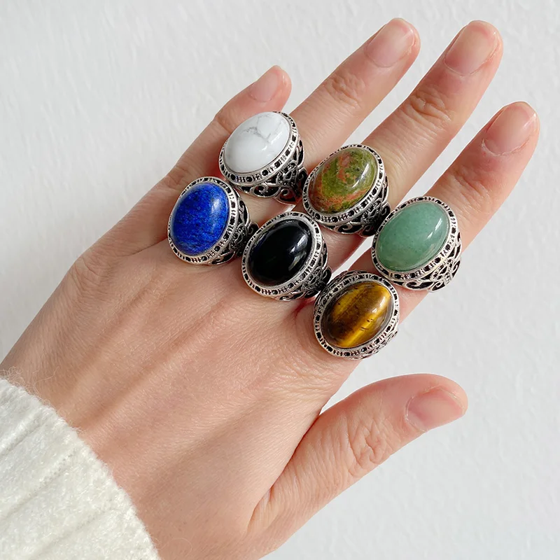 Natural Stone Beads Thumb Ring Agate Lapis Lazuli Male Rings Adjustable Vintage Energy Ring for Men Women Couple Jewelry Gift