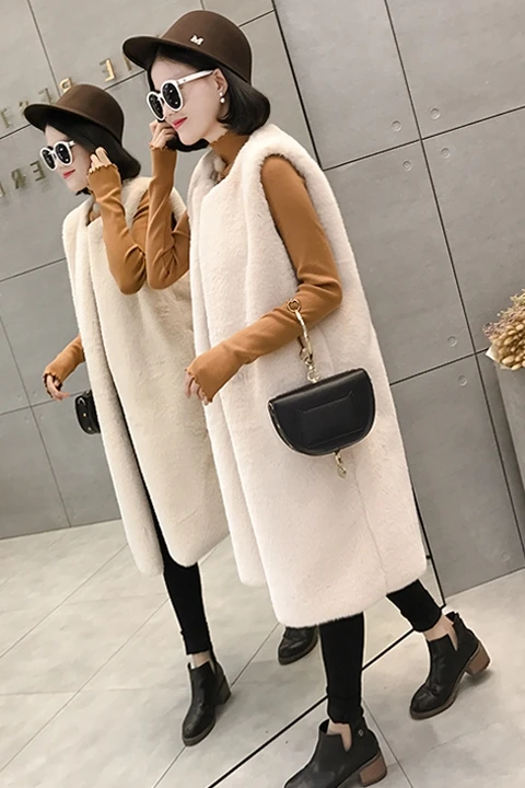 Mulheres colete de pele 2021 inverno outono moda quente jaqueta longa elegante senhora casaco de pele do falso sem mangas outwear meu newin