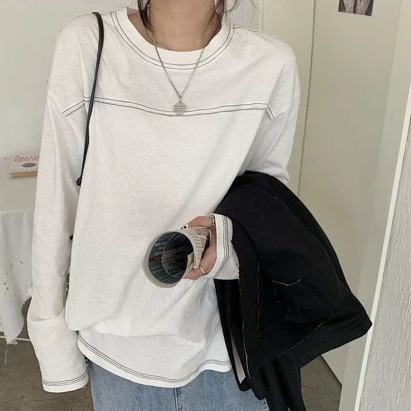 Long Sleeve T-shirts Women Loose Spring Harajuku Minimalist Casual Students Soft Daily All-match Popular Vintage Fashion Ins New