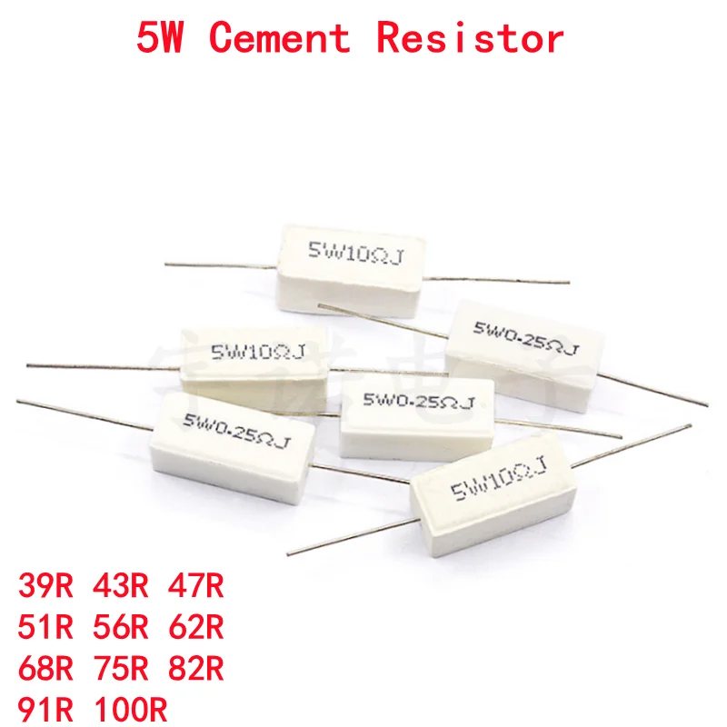 10pcs 5W 5% Cement Resistor Power Resistance 39R 43R 47R 51R 56R 62R 68R 75R 82R 91R 100R 39 43 47 51 56 62 68 75 82 91 100 ohm