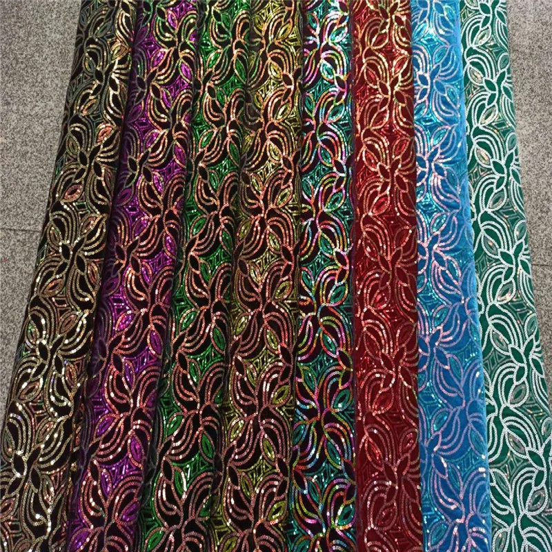 2021 green African Sequins velvet Lace Fabric Embroidered Nigerian Lace Fabrics French Tulle Lace Fabric For Wedding Party gold