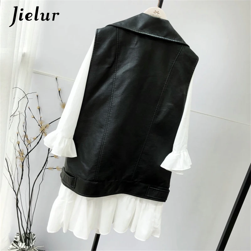 Jielur 2021 Women Leather Vest Black Chicly Mujer Coat High Street Vintage Leather Clothing Autumn Winter Coat Vest Zipper M-L