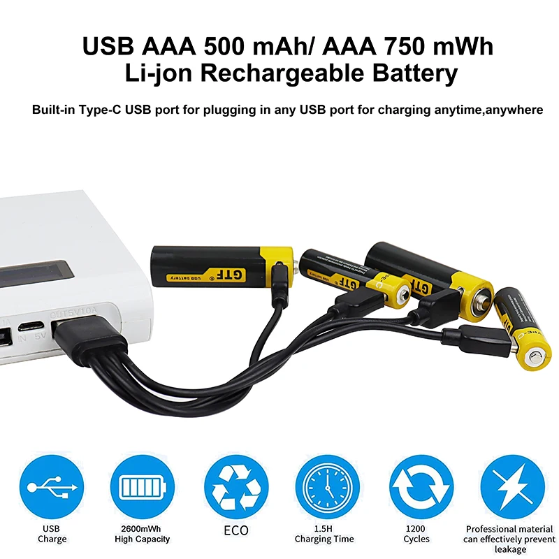 USB Type-C Charging AAA battery 1.5V 500mah 750 mWh Lithium ion AAA Battery 4 in 1 USB Type C Charg Cable LED Charging Indicator