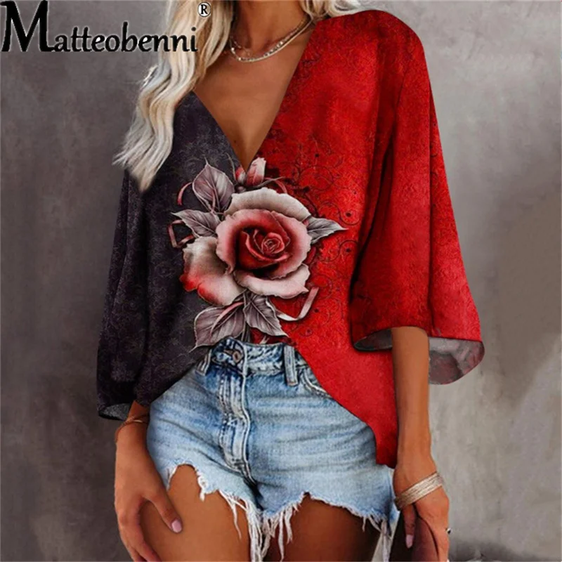 

3/4 Sleeve Floral Print V Neck T Shirt Blouse Women Autumn Summer Casual Loose Fashion Shirt Sexy Elegant Clothes Tops
