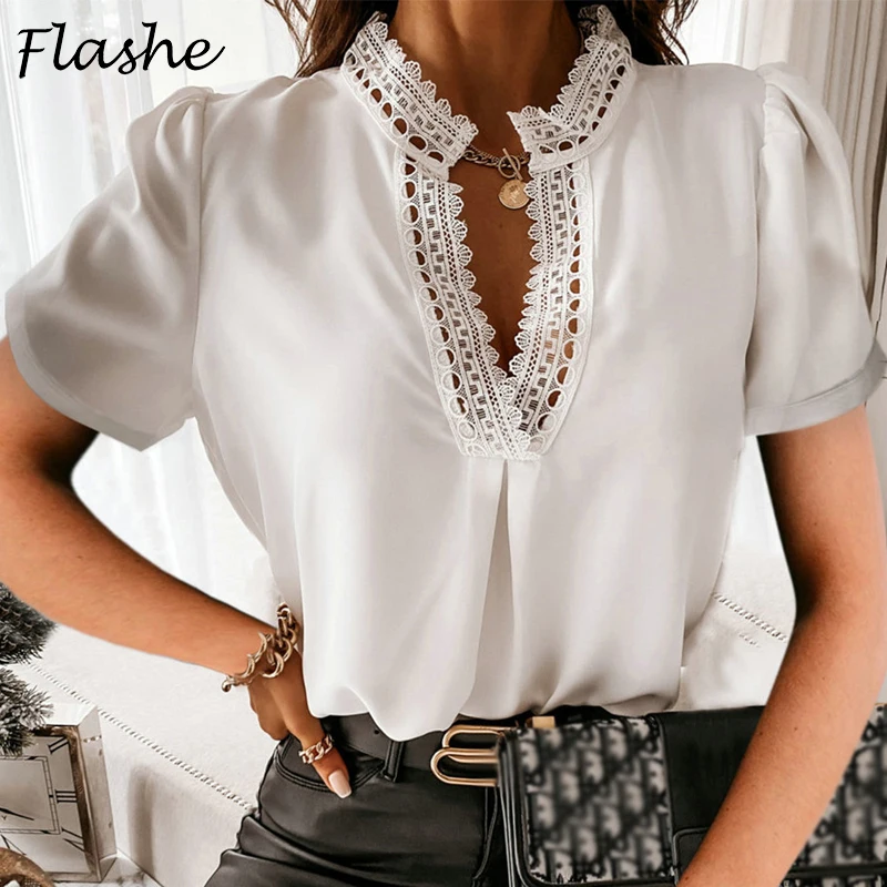 

Fashion Women Casual Solid Color Tops Short Sleeve Blouse V-neck Lace Shirt Women Summer Tops Office Lady Blouse Shirt White