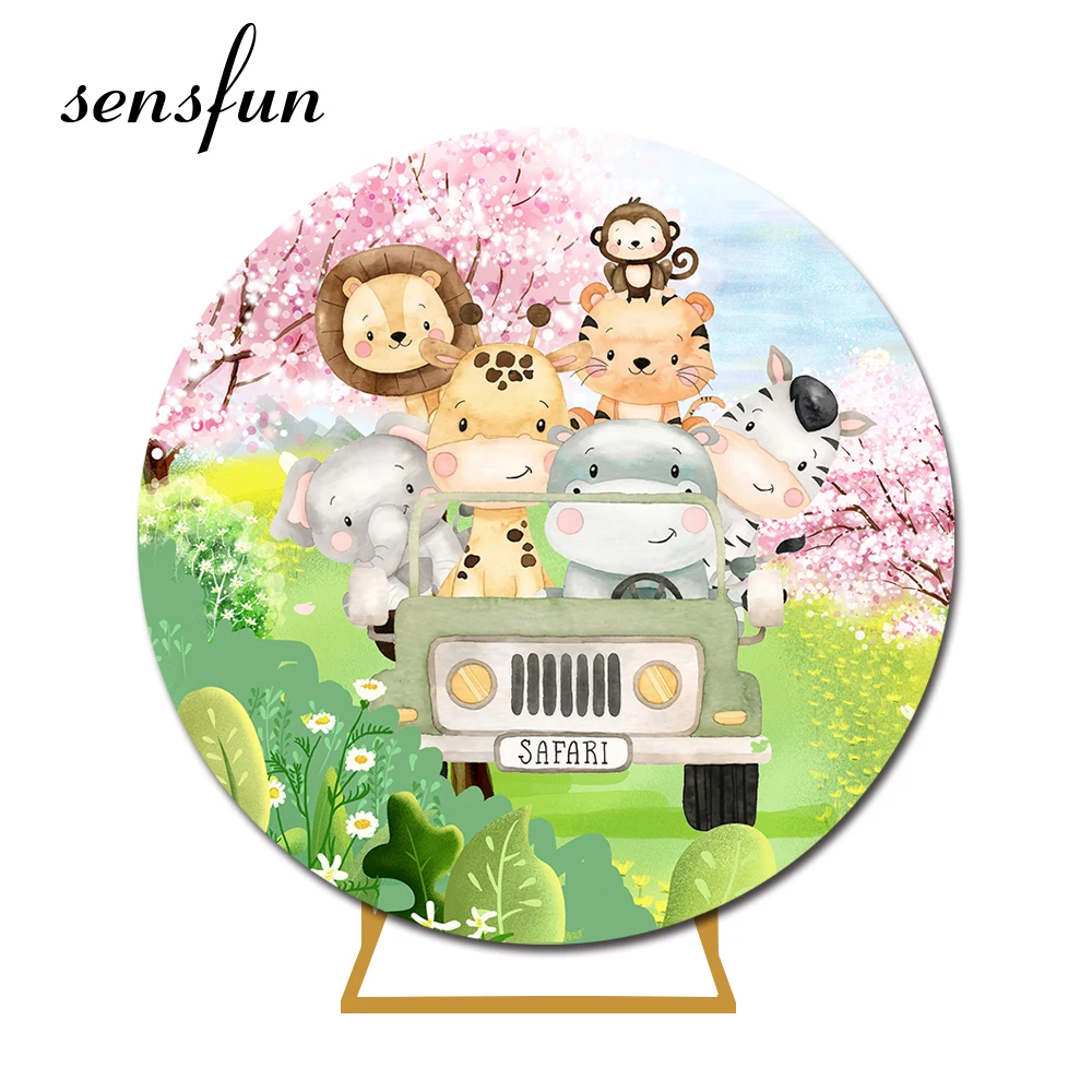 

Sensfun Animals Cars Safari Jungle Round Backdrop Cover Pink Flowers Tree Grassland Kids Birthday Party Circle Background