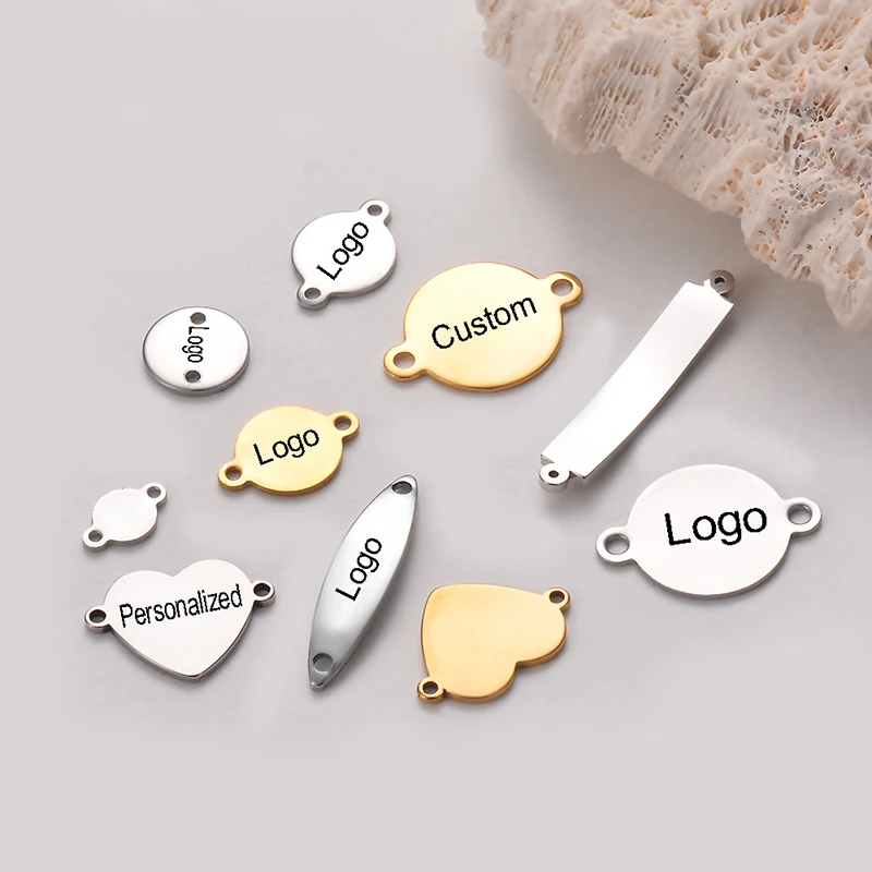 50Pcs/Lot Custom Engrave Logo Charms Stainless Steel Blank Stamping Tags With 2 Holes Connector DIY For Jewelry Making Wholsale