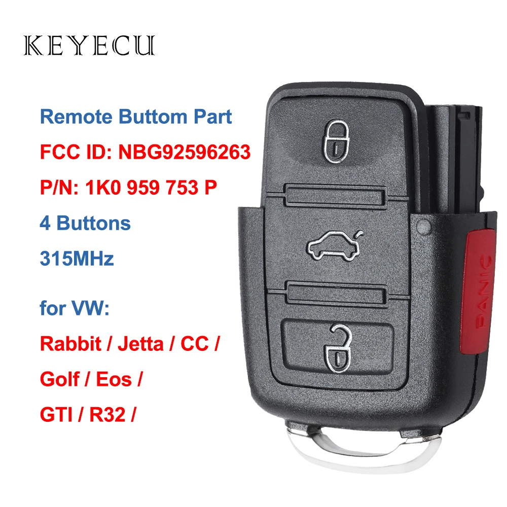 

Пульт дистанционного управления Keyecu 1K0 959 753 P, 4 кнопки, 315 МГц, для Volkswagen Rabbit Jetta CC Golf Eos GTI R32 NBG92596263