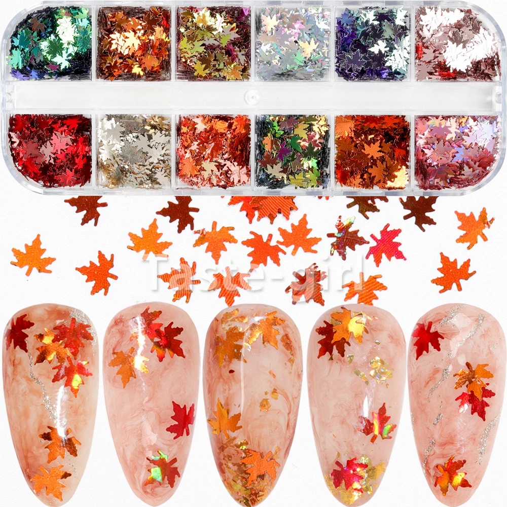 

1 Box Maple Gold Holographic Glitter Flakes Nail Sequins Paillette Iridescent Multicolor Leaf Sheet Manicure Nail Art Decoration