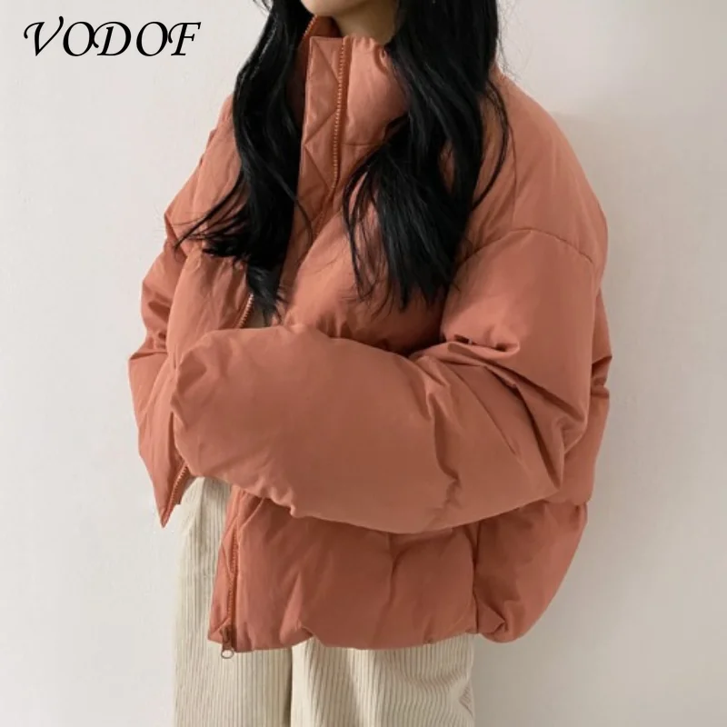 

VODOF Chic Hooded Cotton Padded Women Parkas 2021 Winter Warm Loose Solid Thicken Female Coats Ladies Zippers Outwear