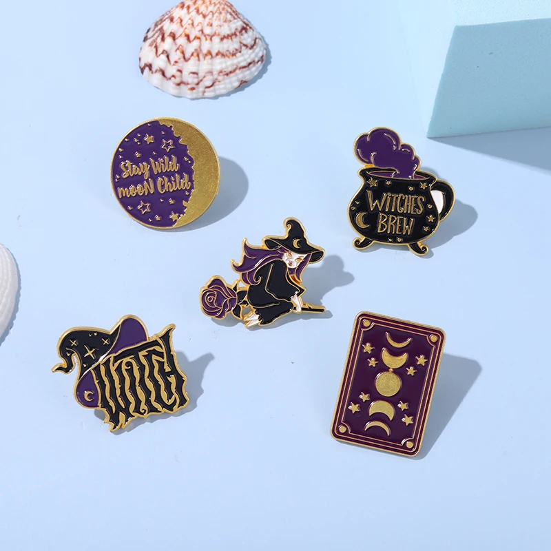 Witch Halloween Enamel Pins Purple Magic Card Witch Brew Punk Halloween Brooch Lapel Pin Badges Gift Freinds Jewelry Accessories