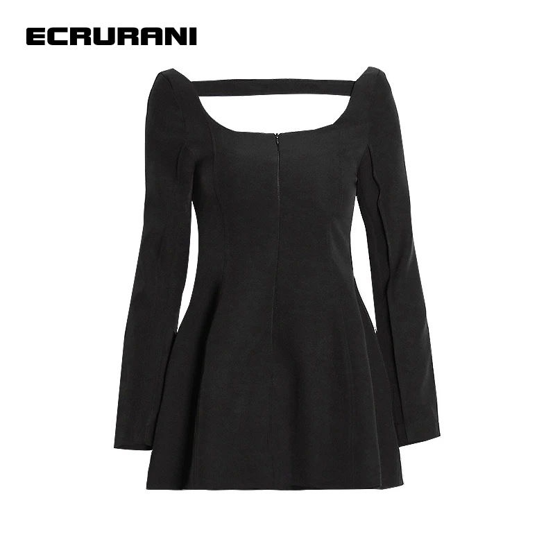 

ECRURANI Hollow Out Sexy Dress For Women Square Collar Long Sleeve High Waist Slimming Casual Dresses Female Clothing 2021 Style