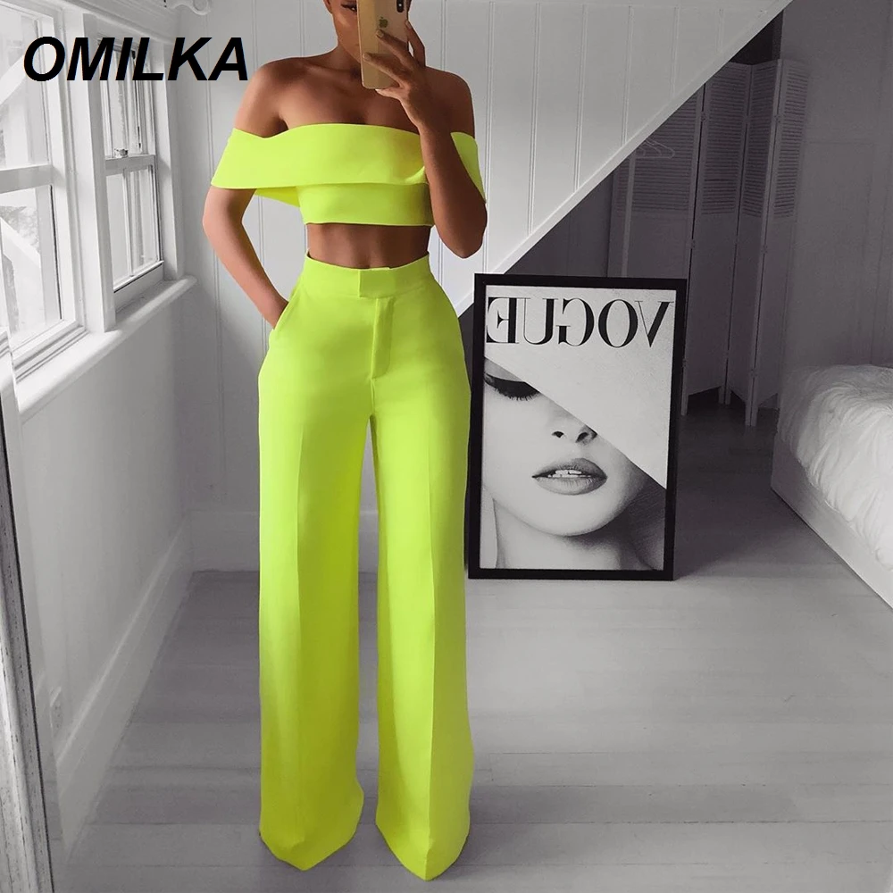 STYLISH LAD Ruffle Off the Shoulder 2 Piece Women Set Crop Top and Wide Leg Pant Set 2024 Autumn Office Lady Shiny Green Outfits