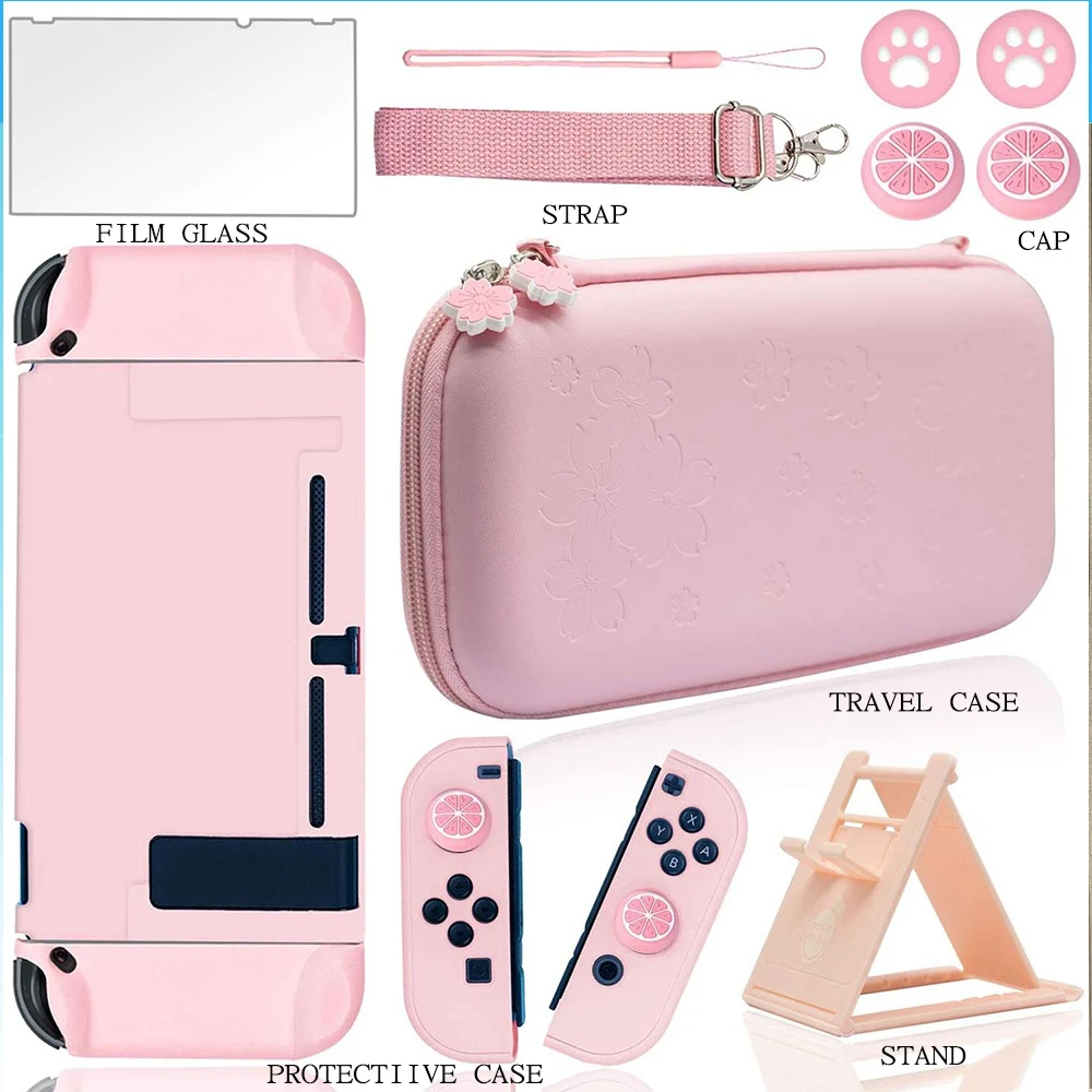 

For Nintend Switch Case Bundle Accessories Kit Pink Travel Pouch Set With Stand Film Glass NS Hard Console Case Protection Cover