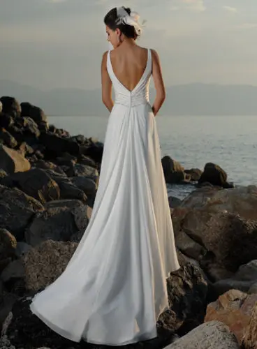 Sexy 2018 Strand Stijl Chiffon V-hals Rijk Taille Backless Vestido De Noiva Mouwloze Bridal Baljurk Bruidsmeisjekleding