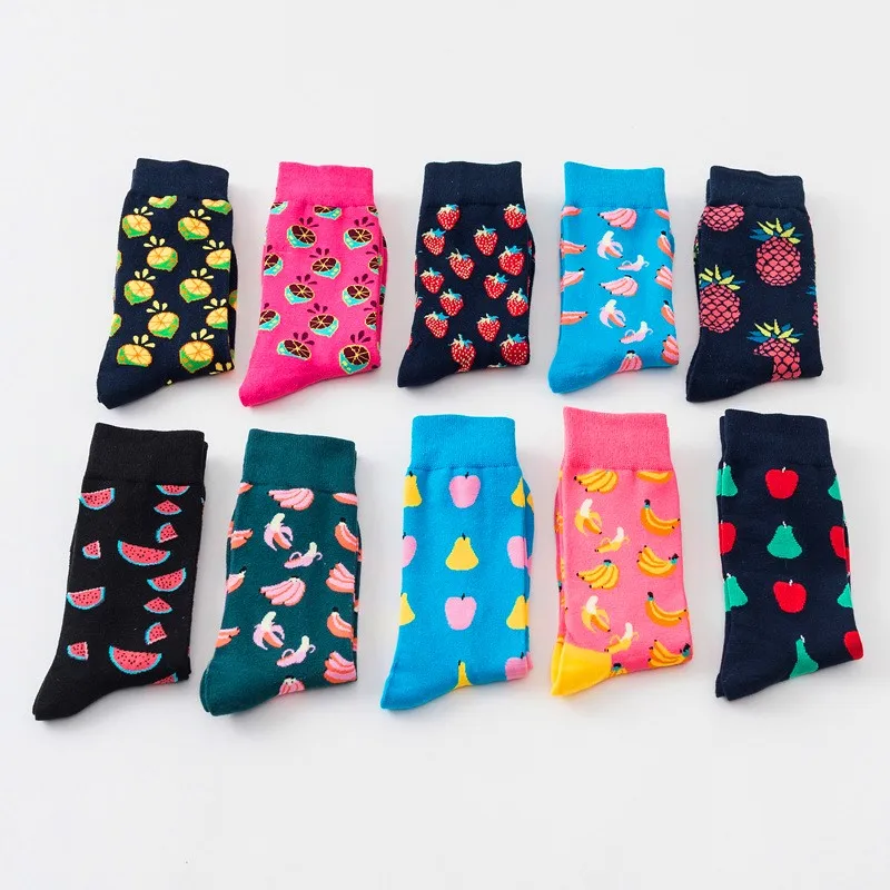 1 Pair Cotton Socks Men Women Street Skateboard Happy Socks Fruit Print Harajuku Gift Apple Pear Banana Lemon Cherry Funny Socks