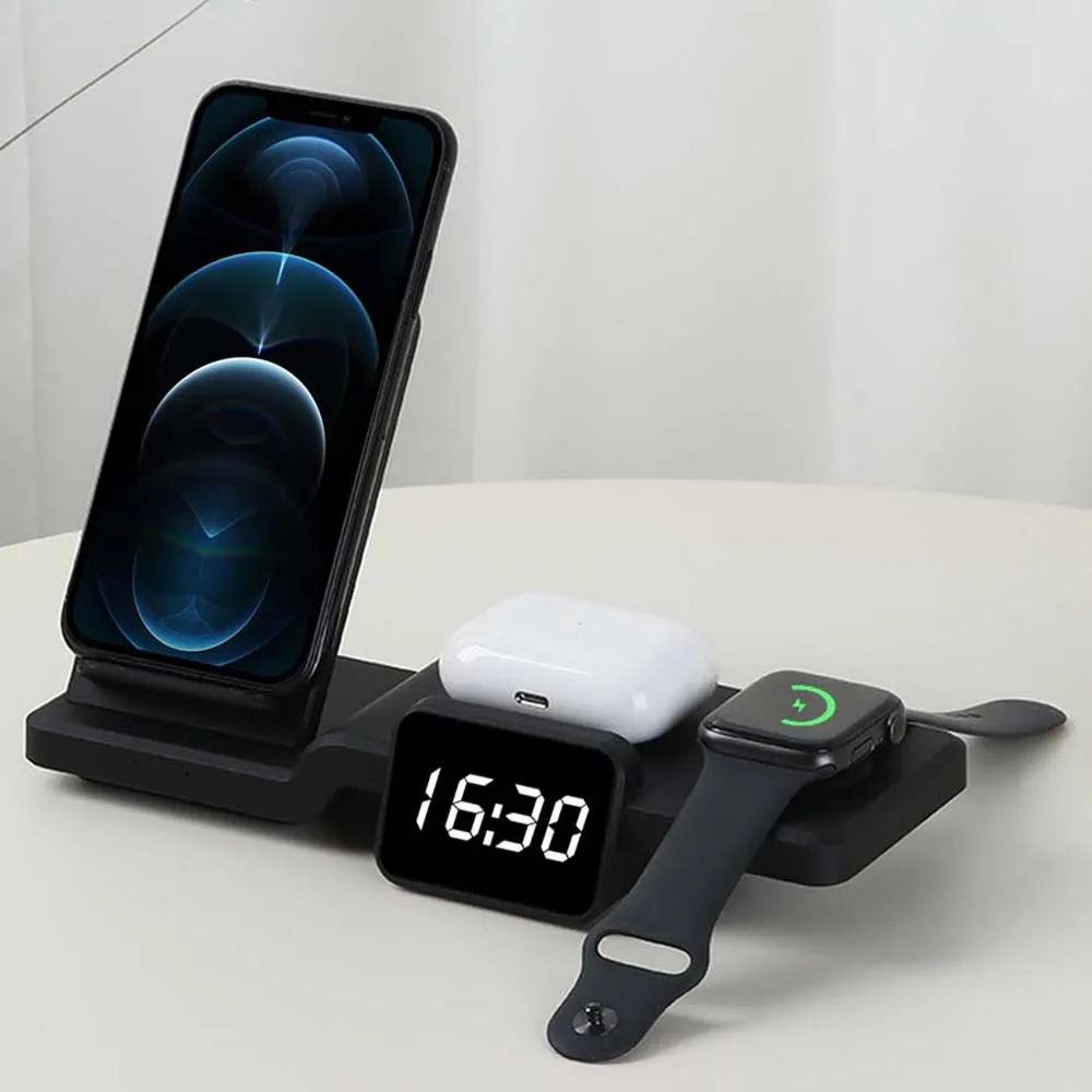 Wireless Charging Bracket with Clock for iPhone Samsung Android Phone Stand for Apple Watch Charge Dock for AirPods Pro Holder