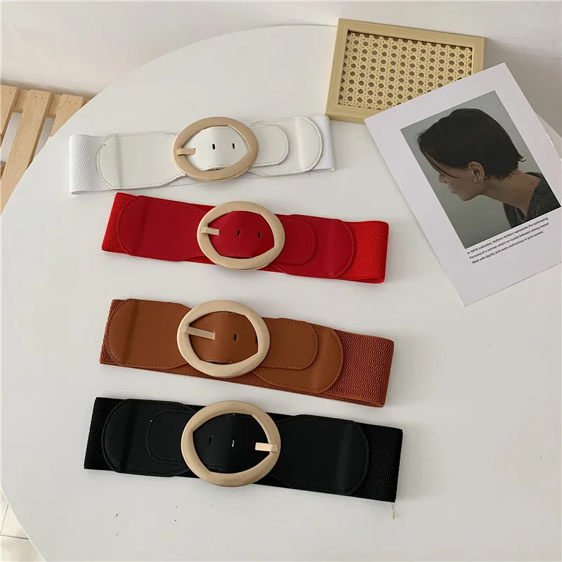 Kadın geniş kemer moda elastik Vintage toka PU deri vahşi Pin toka kemer ayarlanabilir Ceinture Femme Fajas elbise kemeri