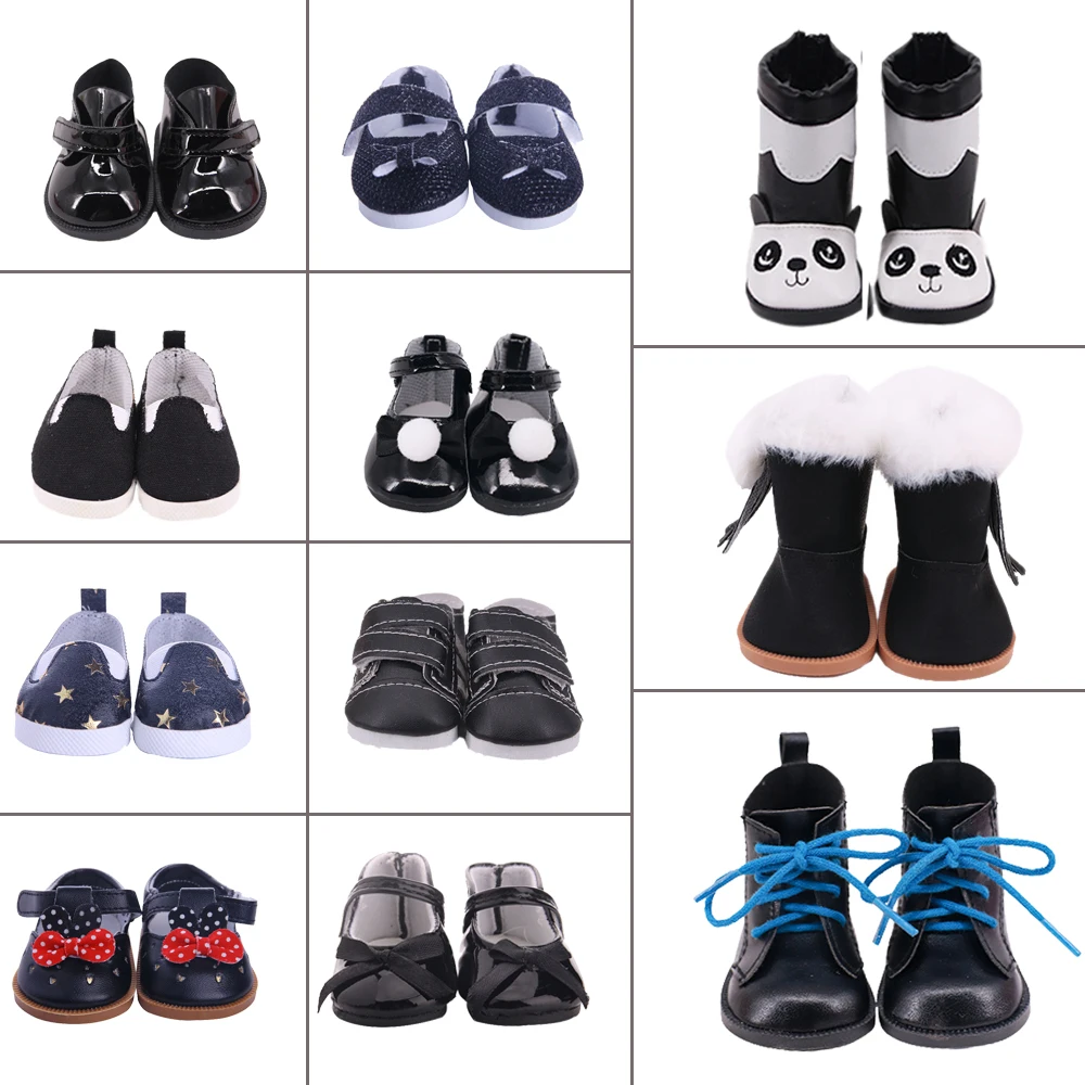 7Cm Doll Shoes Black Sequined Lacquered Leather Canvas,Sneakers Boots For 18 Inch American&43 Cm Baby New Born Doll Girl`s Toy