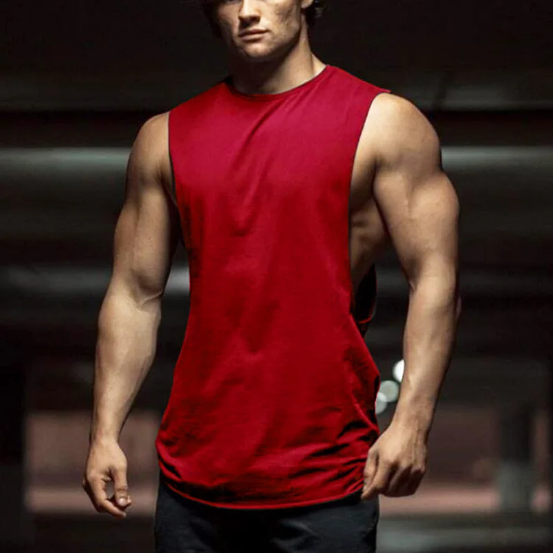 Bodybuilding Drop Armhole Tank Top Mens Cotton Gym Stringer Summer Fitness Solid Clothing Loose O-neck Sleeveless Vest