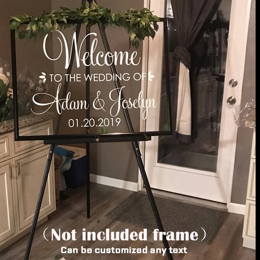 Calcomanías de vinilo para boda, cartel de bienvenida, patrón Simple, pegatina de espejo de boda, nombres de parejas personalizados, murales de vinilo, decoración artística AZ940