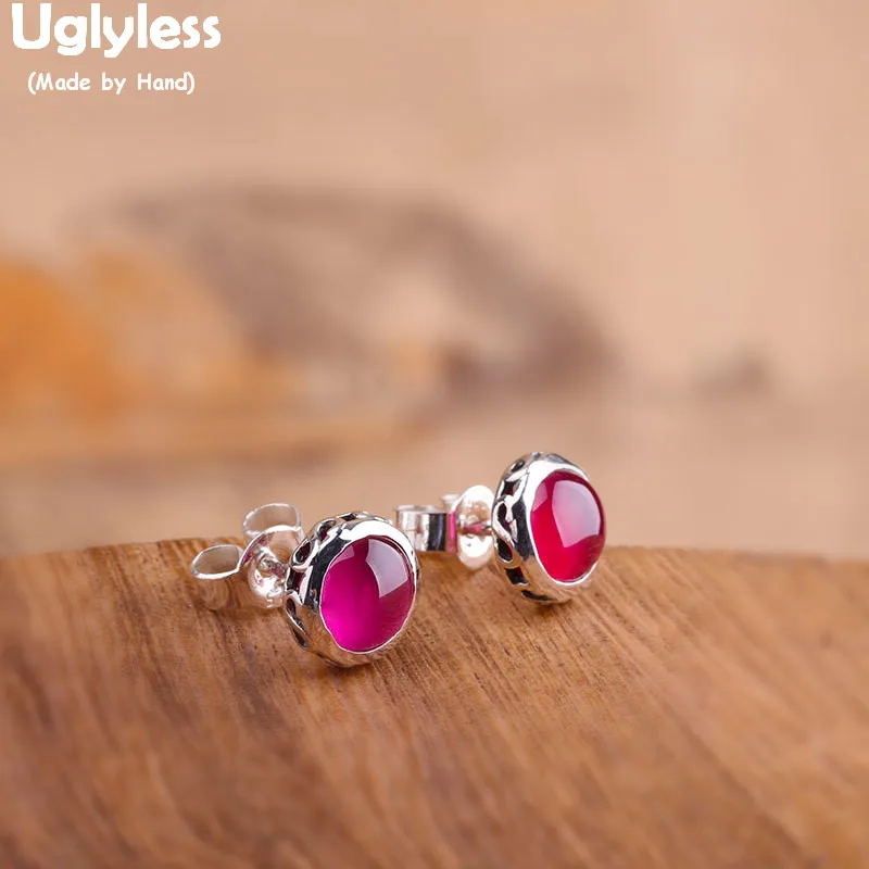 

Uglyless Super MINI 7.6MM Silver Stud Earrings for Women Tempting HOT PINK Corundum Gemstones Earrings 925 Silver Brincos E1575