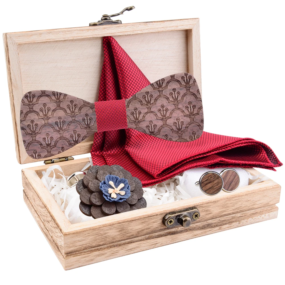 Ensemble de boutons de manchette en bois pour hommes, ensemble de broches et boîte de boutons de manchette carrés en soie rouge bleu, cadeaux de mariage