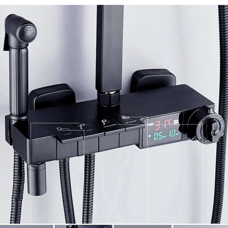 Imagem -02 - Conjunto de Chuveiro Digital Termostático de Parede Torneiras Misturadoras para Banheira Sistema de Chuveiro do Banheiro Piano Preto Fosco Latão de Qualidade