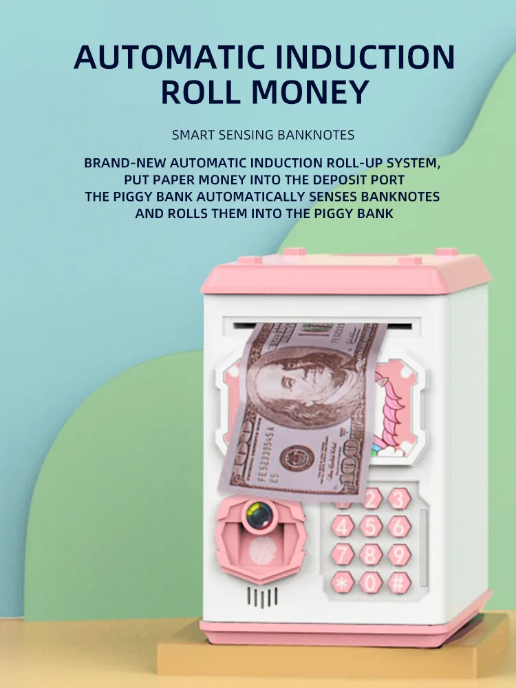 Mini ATM Saving Bank Face Recognition Piggy Bank Cartoon Automatic Roll Money Deposit Jar Fingerprint Money Detect 19cm Safe Box