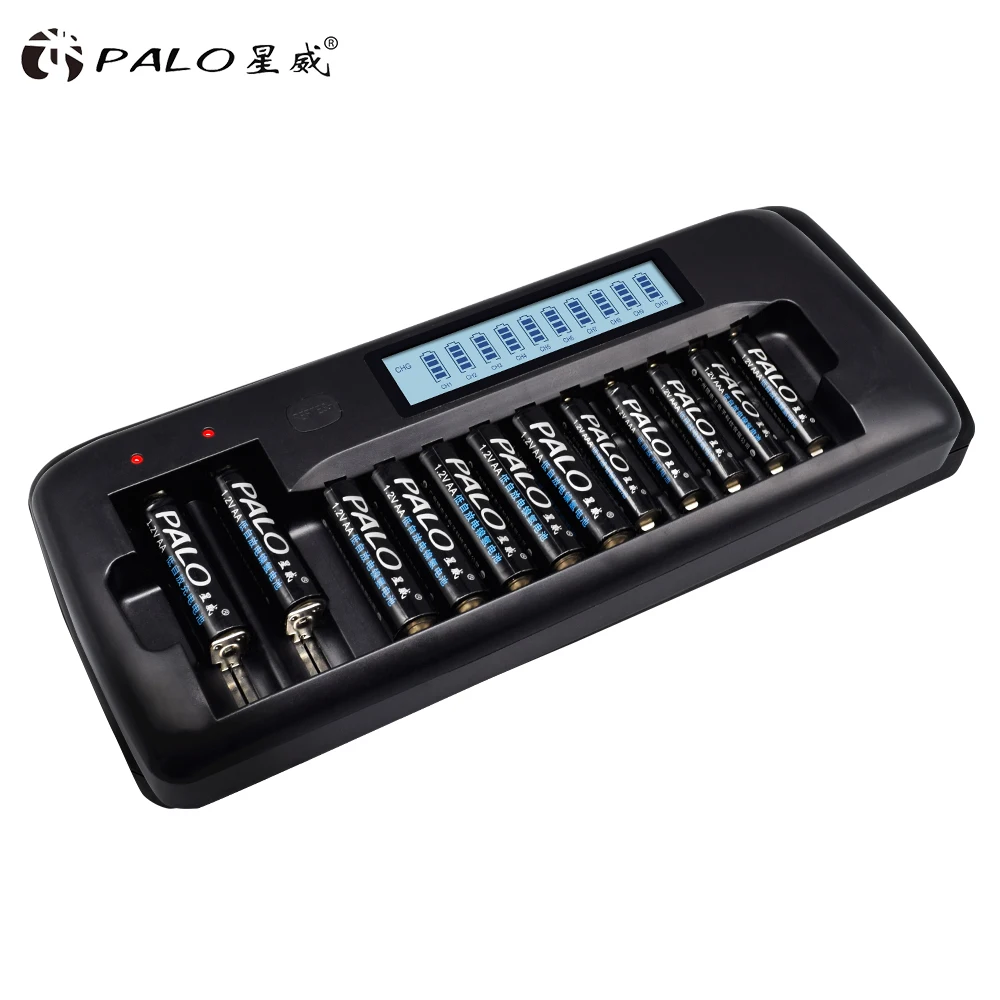 12 슬롯 PALO 지능형 LCD 배터리 충전기 18650 26650 21700 18350 AA AAA 3.7V/1.2V 리튬 NICD NiMH 배터리 및 방전