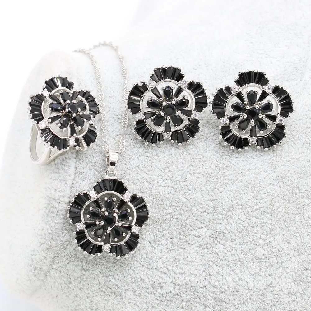 Black Flower Cubic Zirconia Silver 925 Jewelry Sets Women With Earrings Bracelet Necklace Pendant Ring Birthday Gift