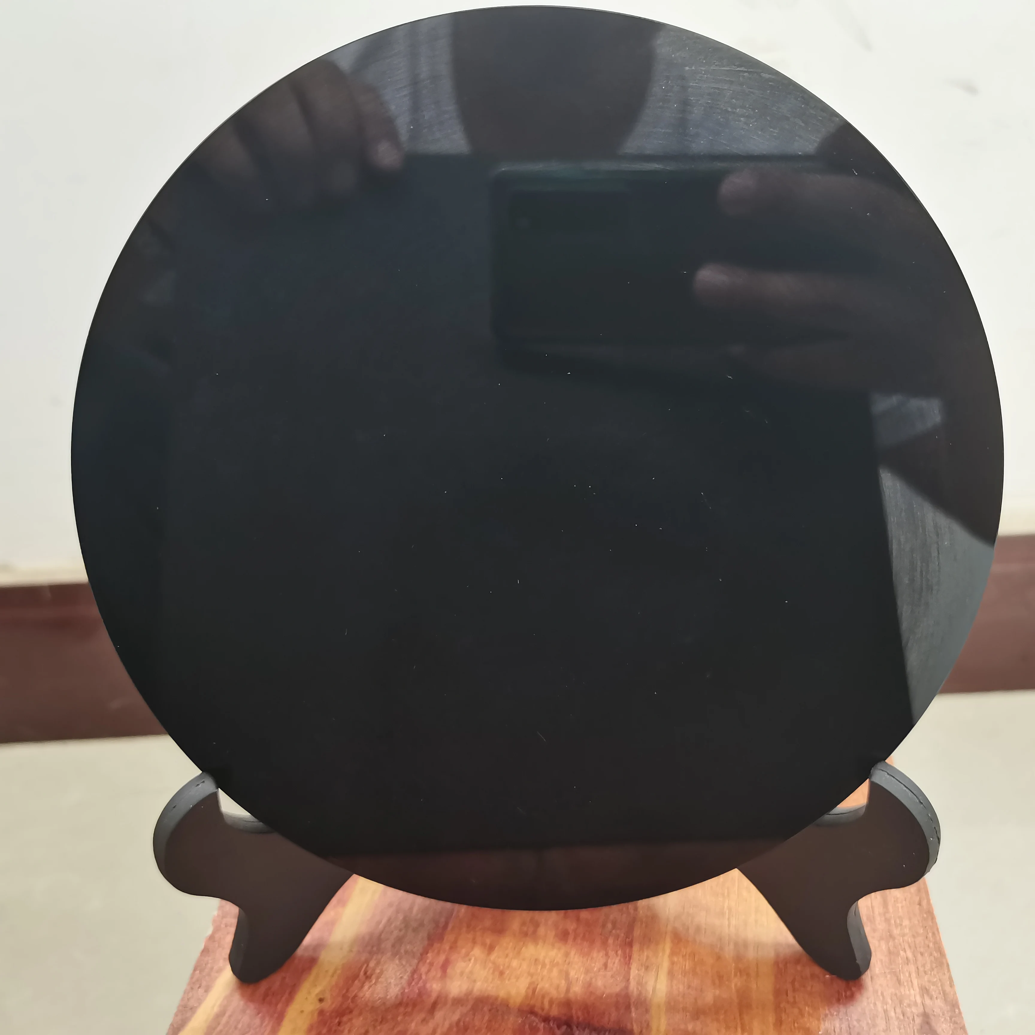 6-20cm Mexican Natural Black Obsidian Smoking Mirror Stone Circle Disk Round Plate Healing For Home &Office Decor +Shelf